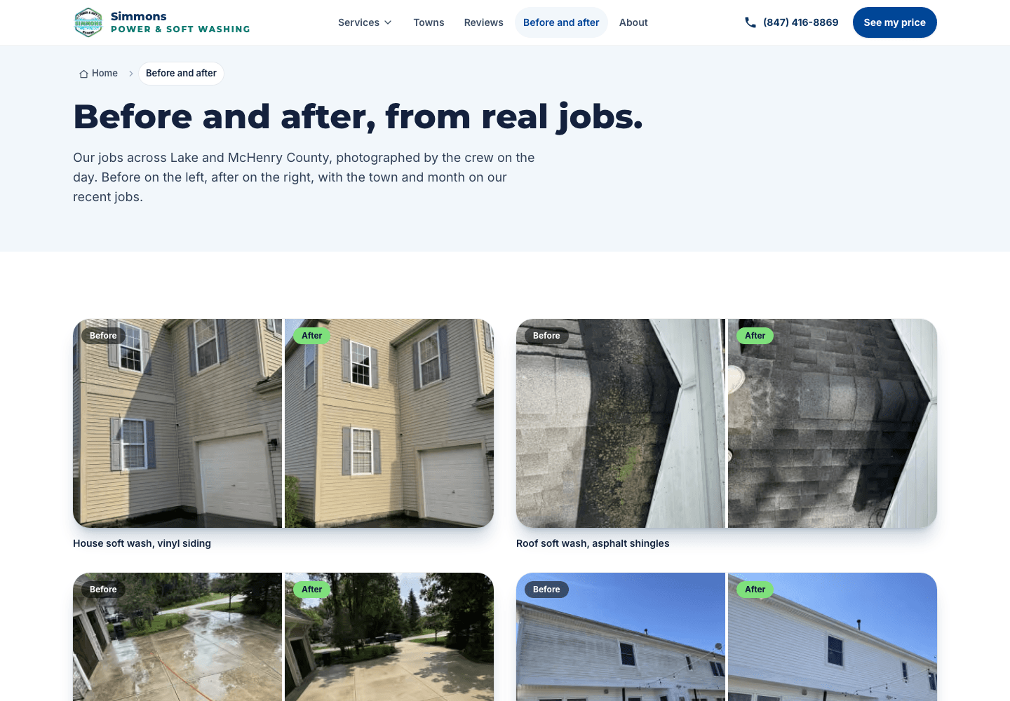 Before and after gallery of real Simmons jobs, grouped by service
