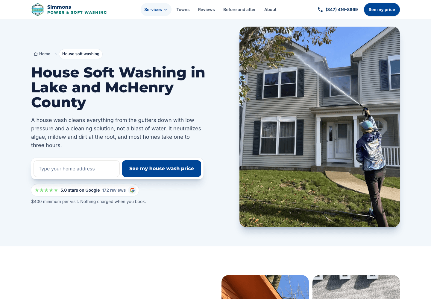 House soft washing service page with its own instant quote button